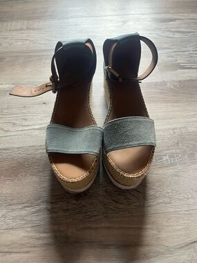 Gyln See By Chloe Blue Suede Espadrille Ankle-Strap Wedge Sandals